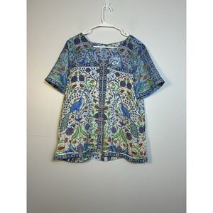 NEW Sundance Izmir 100% Silk Top Sz Large Peacocks Floral Boho Lightweight